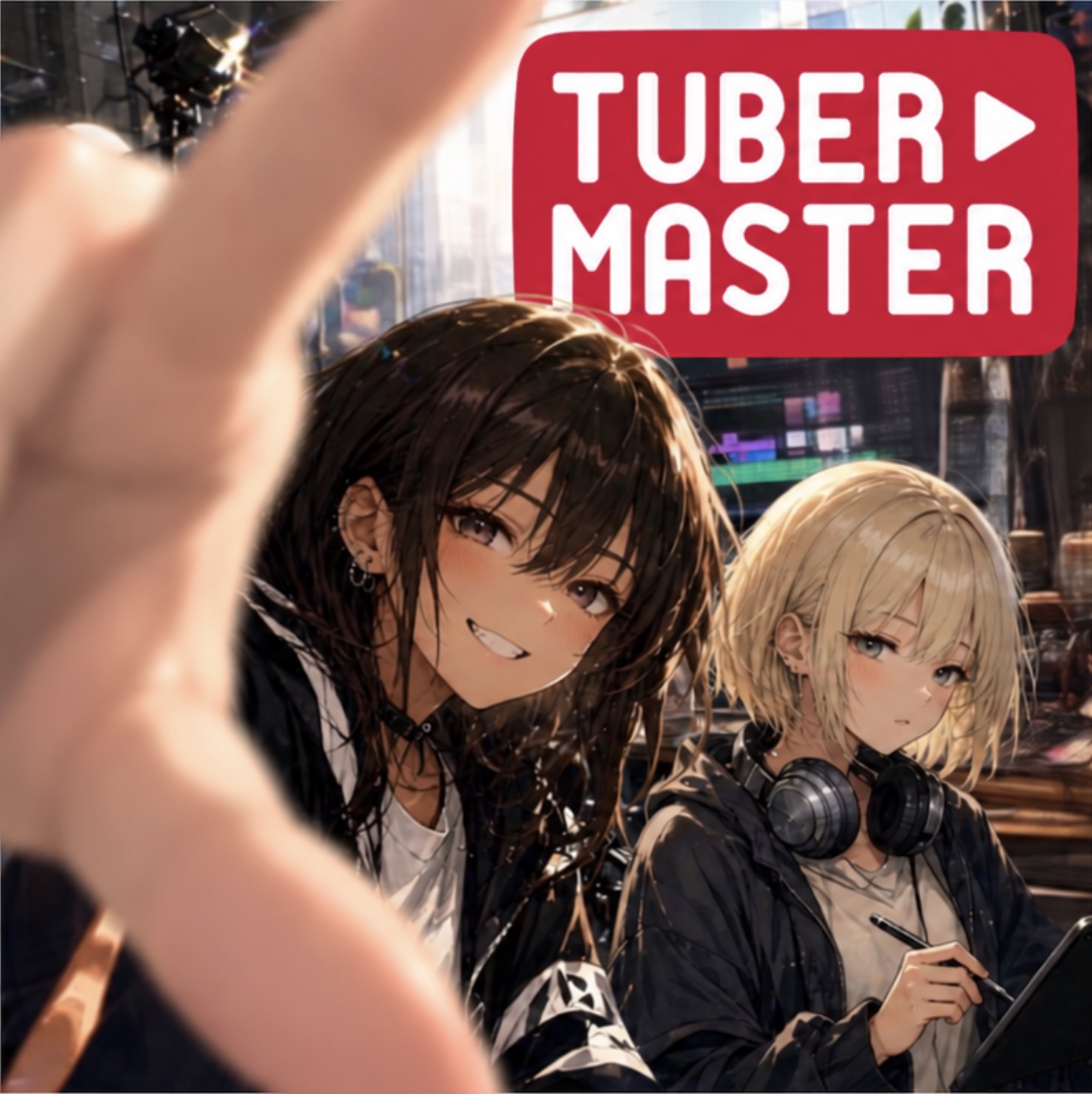 TUBERMASTERのロゴと、スタジオでカメラに手を伸ばす配信者ふたり